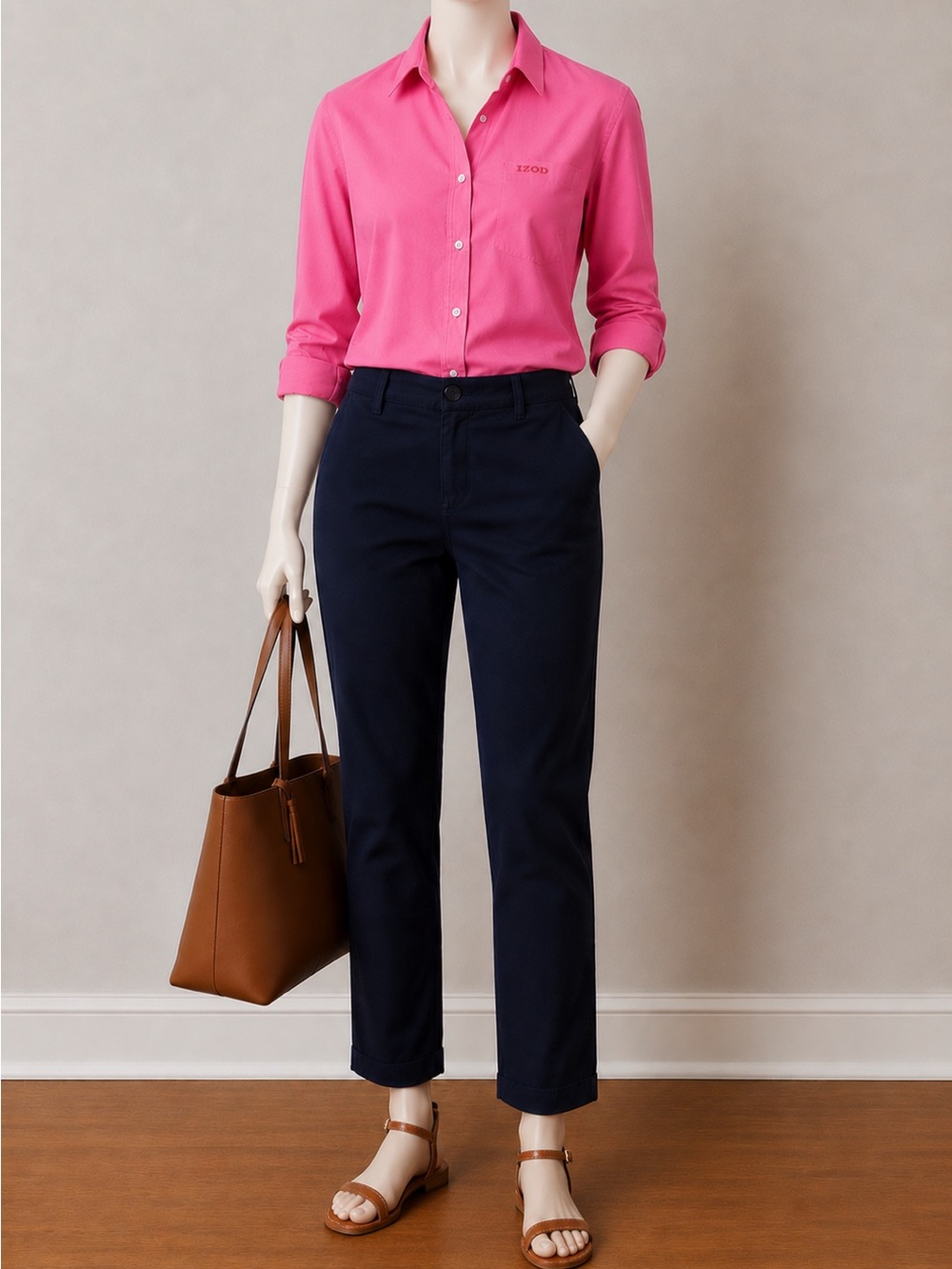 Izod Women's Vibrant Pink Button Down Collar Shirt with 3/4 Length Sleeves